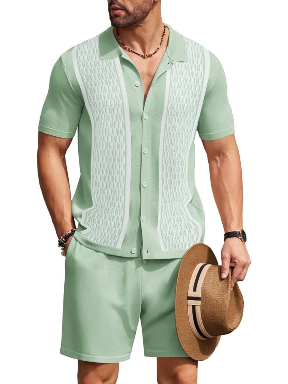 Coofandy Men's Light Green Vintage Short Sleeve Button Down Knit Polo Shirts
